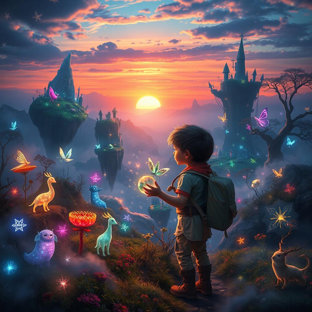 A young child exploring a mystical, paranormal world filled with vibrant colors, floating islands, and ethereal creatures