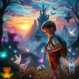 A young child exploring a mystical, paranormal world filled with vibrant colors, floating islands, and ethereal creatures