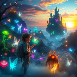 A young child exploring a mystical, paranormal world filled with vibrant colors, floating islands, and ethereal creatures
