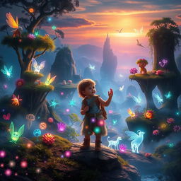 A young child exploring a mystical, paranormal world filled with vibrant colors, floating islands, and ethereal creatures