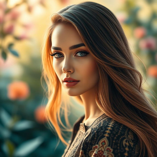 A stunning portrait of a woman with long flowing hair and striking features, softly lit in warm tones