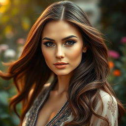 A stunning portrait of a woman with long flowing hair and striking features, softly lit in warm tones