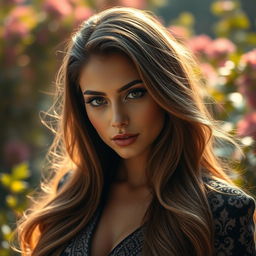 A stunning portrait of a woman with long flowing hair and striking features, softly lit in warm tones