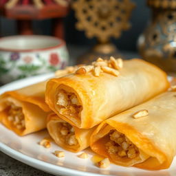 A delicious and visually appealing close-up of a Popia Nestum, a popular Malaysian snack made with crispy spring rolls filled with a sweet and crunchy mixture