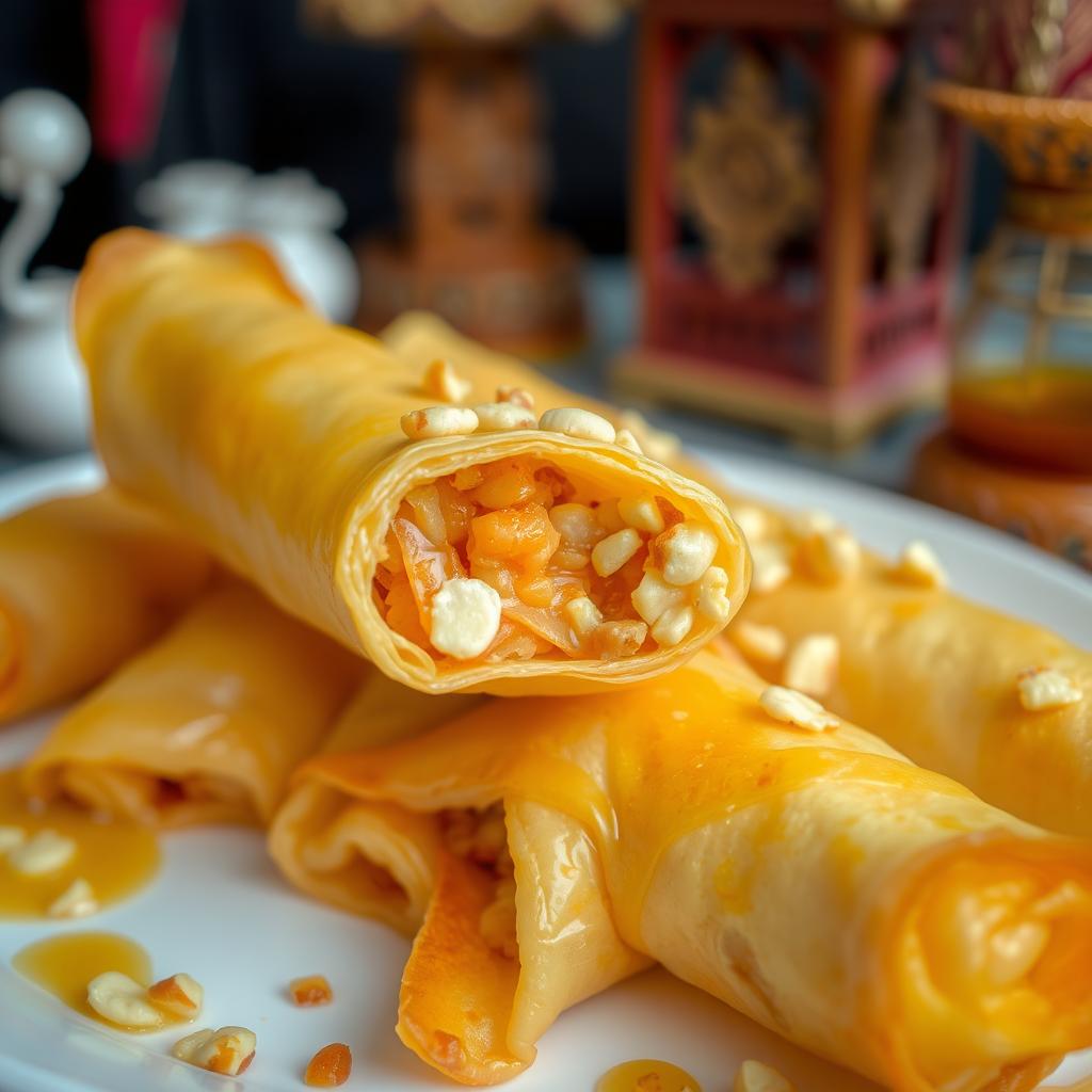 A delicious and visually appealing close-up of a Popia Nestum, a popular Malaysian snack made with crispy spring rolls filled with a sweet and crunchy mixture