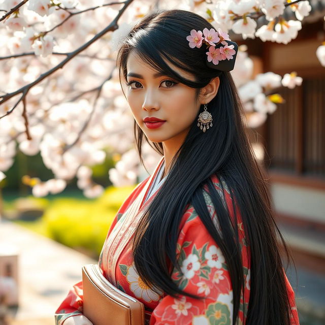 A stunning Japanese beauty with traditional and modern accessories, featuring a graceful young woman with a radiant complexion and long, flowing black hair styled beautifully