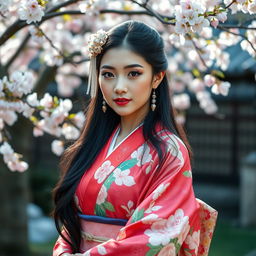 A stunning Japanese beauty with traditional and modern accessories, featuring a graceful young woman with a radiant complexion and long, flowing black hair styled beautifully