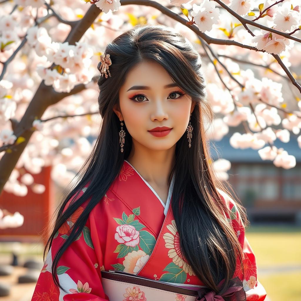 A stunning Japanese beauty with traditional and modern accessories, featuring a graceful young woman with a radiant complexion and long, flowing black hair styled beautifully