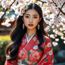 A stunning Japanese beauty with traditional and modern accessories, featuring a graceful young woman with a radiant complexion and long, flowing black hair styled beautifully