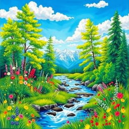 A vibrant and colorful painting inspired by nature, featuring a serene landscape with a flowing river surrounded by lush greenery