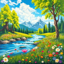 A vibrant and colorful painting inspired by nature, featuring a serene landscape with a flowing river surrounded by lush greenery