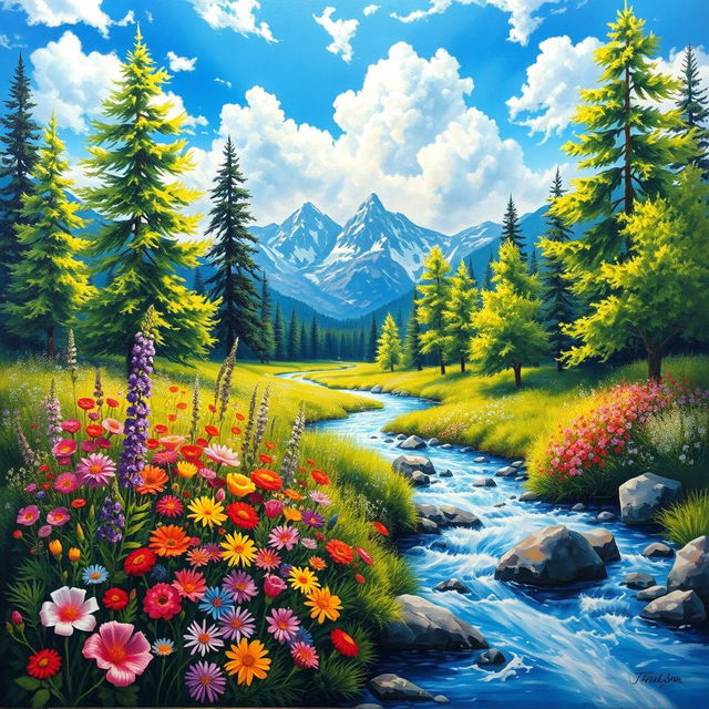 A vibrant and colorful painting inspired by nature, featuring a serene landscape with a flowing river surrounded by lush greenery