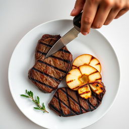 A beautifully arranged plate featuring a succulent piece of steak alongside three-quarters of a sliced and grilled apple