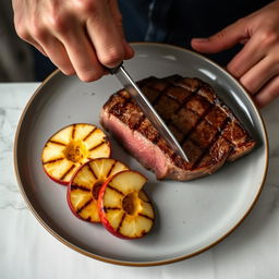 A beautifully arranged plate featuring a succulent piece of steak alongside three-quarters of a sliced and grilled apple