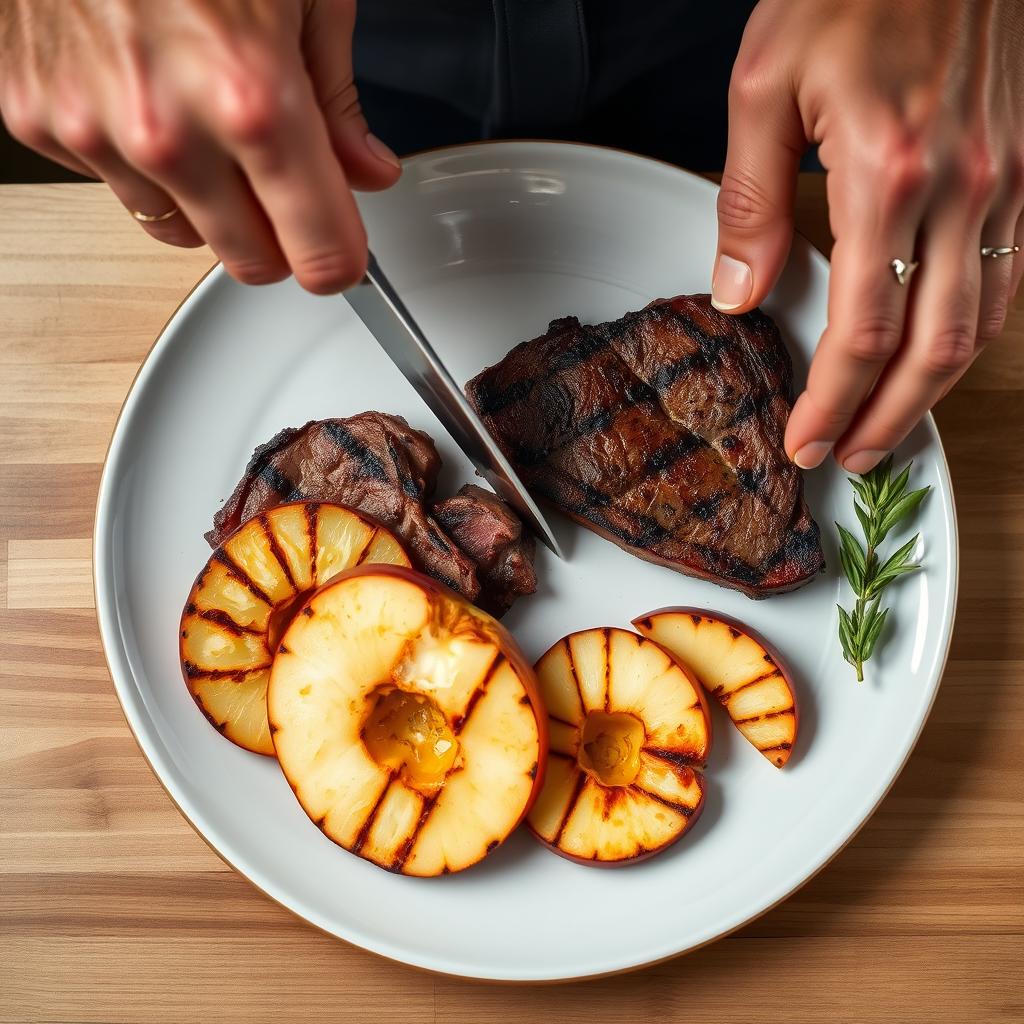 A beautifully arranged plate featuring a succulent piece of steak alongside three-quarters of a sliced and grilled apple