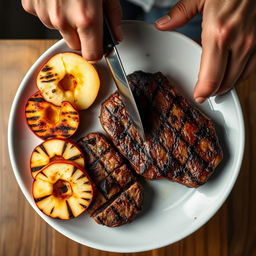 A beautifully arranged plate featuring a succulent piece of steak alongside three-quarters of a sliced and grilled apple