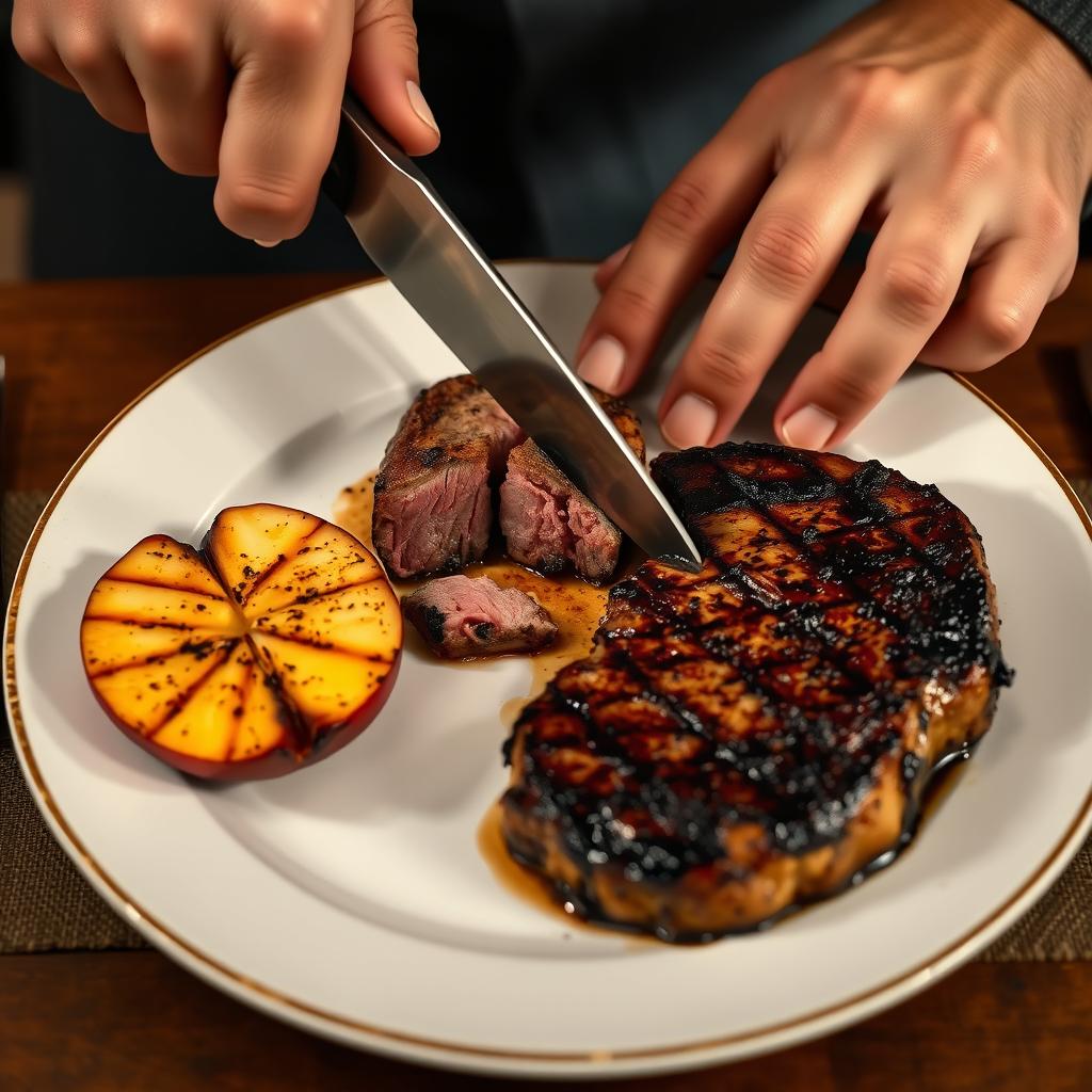 A plate featuring a perfectly cooked piece of steak alongside three-quarters of a sliced and grilled apple, with rich caramelization on the apple