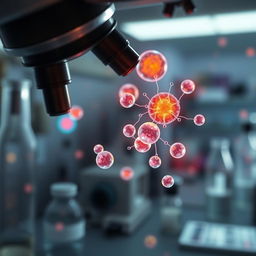 An artistic representation of human stem cells under a microscope, showcasing their unique characteristics and vibrant colors