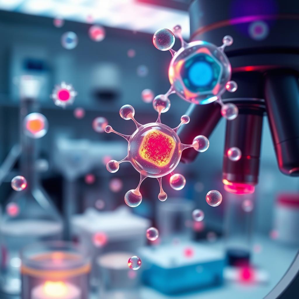 An artistic representation of human stem cells under a microscope, showcasing their unique characteristics and vibrant colors