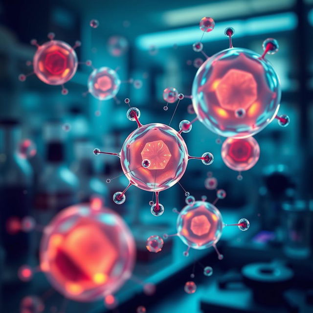 An artistic representation of human stem cells under a microscope, showcasing their unique characteristics and vibrant colors
