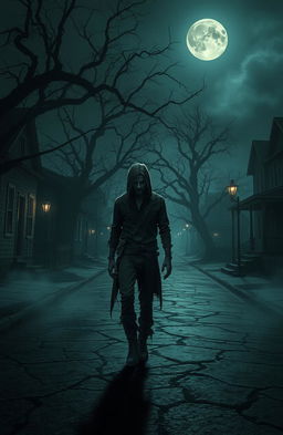 A haunting scene in a horror-themed town at night, featuring a dimly lit street lined with eerie, decrepit houses