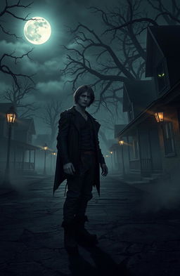 A haunting scene in a horror-themed town at night, featuring a dimly lit street lined with eerie, decrepit houses
