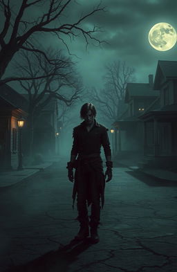 A haunting scene in a horror-themed town at night, featuring a dimly lit street lined with eerie, decrepit houses
