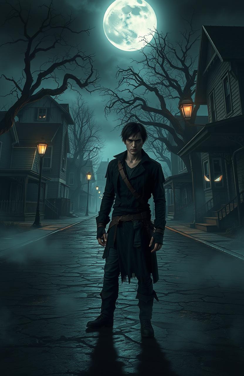A haunting scene in a horror-themed town at night, featuring a dimly lit street lined with eerie, decrepit houses