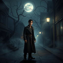 A chilling scene in a horror-themed town at night, showcasing a narrow, dimly lit street filled with creepy, abandoned buildings