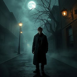 A chilling scene in a horror-themed town at night, showcasing a narrow, dimly lit street filled with creepy, abandoned buildings
