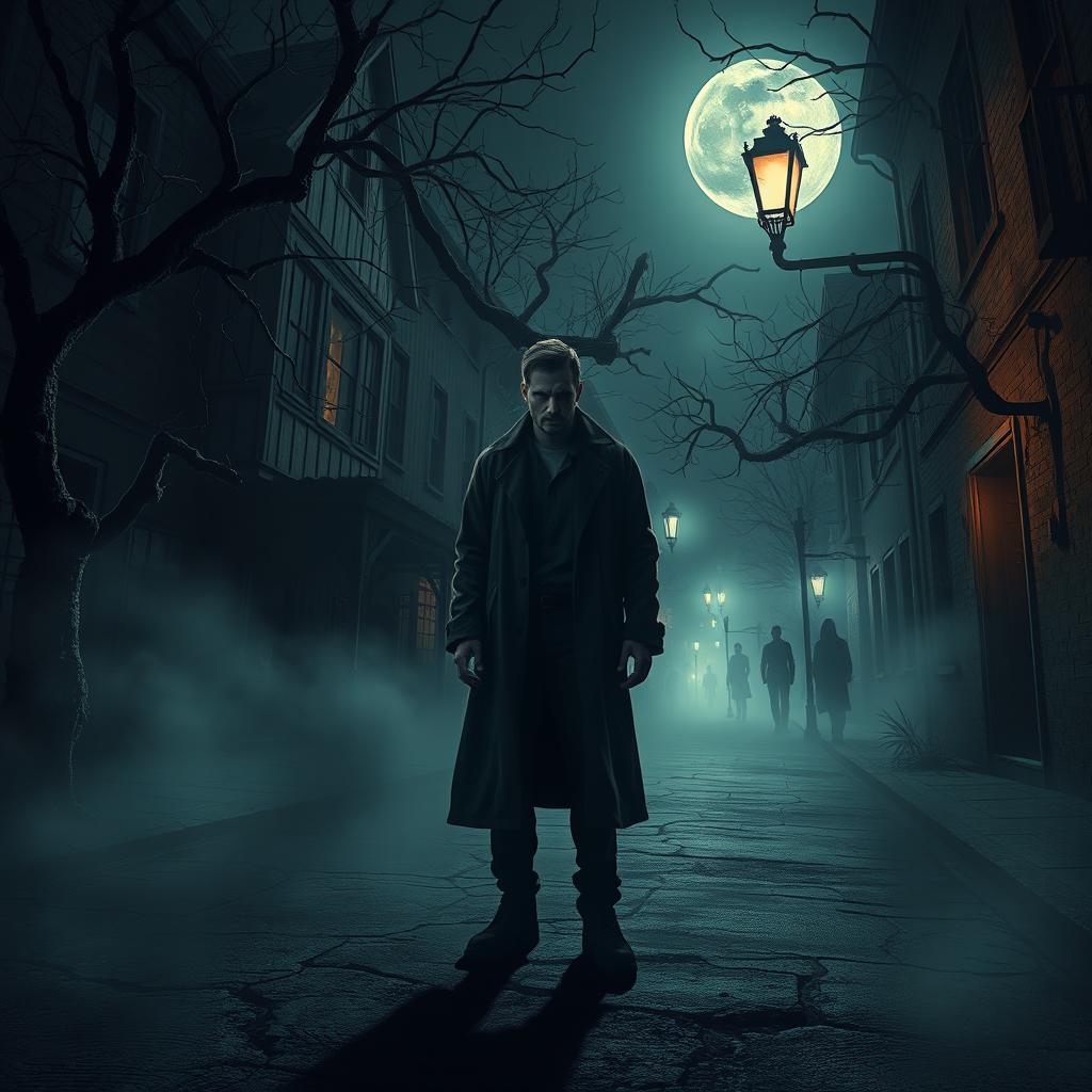 A chilling scene in a horror-themed town at night, showcasing a narrow, dimly lit street filled with creepy, abandoned buildings