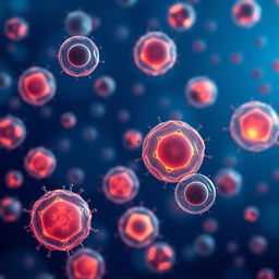 A detailed artistic representation of human stem cells with a blue background, arranged in a visually striking composition