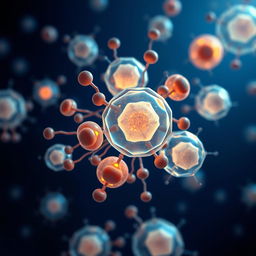 A detailed artistic representation of human stem cells with a blue background, arranged in a visually striking composition