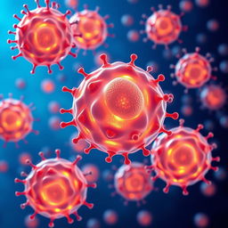A detailed artistic representation of human stem cells with a blue background, arranged in a visually striking composition