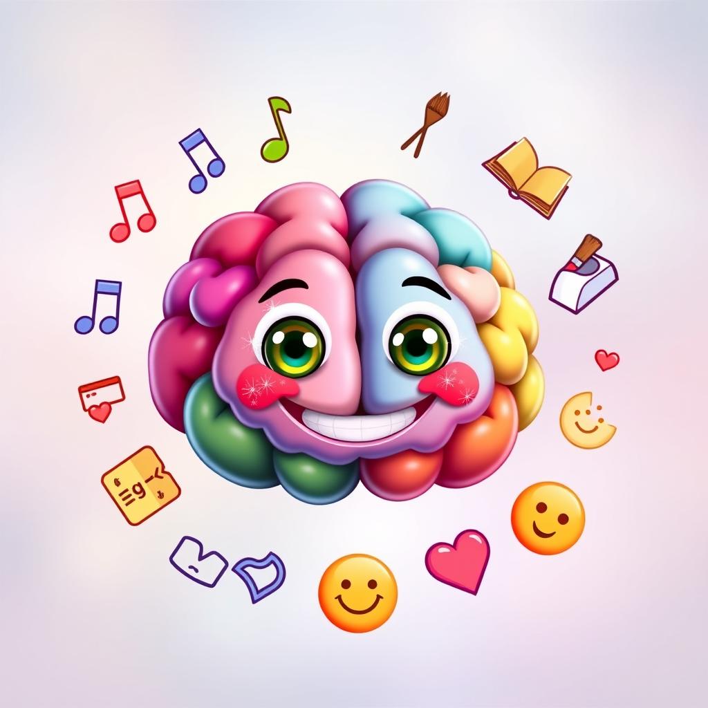 A cheerful, colorful fantasy brain with sparkling, expressive eyes, surrounded by an array of symbols representing various themes: a music note, a sports icon, a paintbrush with a palette, an open book, a delicious food item, a heart symbol, and a happiness emoticon, all arranged neatly in a circle around the brain