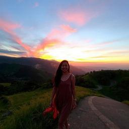 A serene landscape depicting a beautiful background with lush green hills, a vibrant sunset casting warm hues across the sky, and a winding path