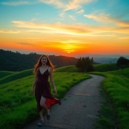 A serene landscape depicting a beautiful background with lush green hills, a vibrant sunset casting warm hues across the sky, and a winding path