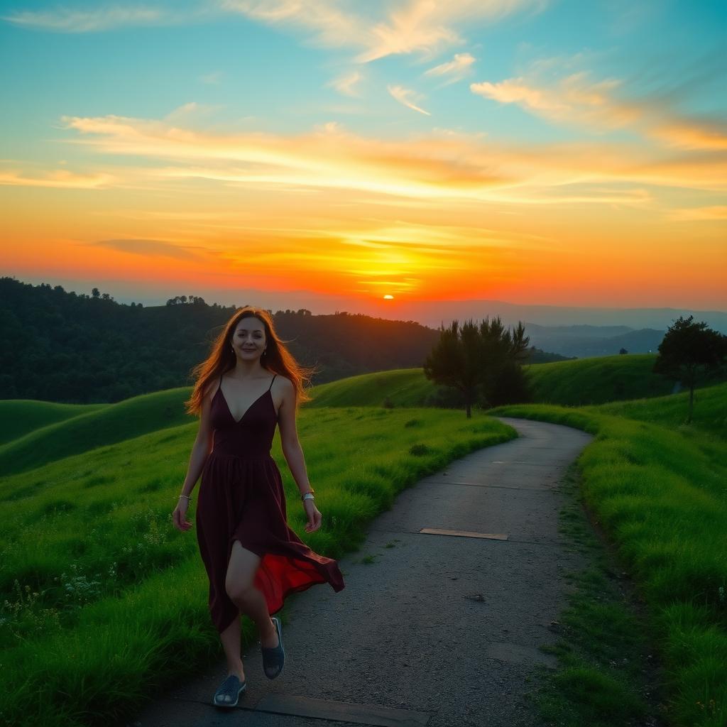 A serene landscape depicting a beautiful background with lush green hills, a vibrant sunset casting warm hues across the sky, and a winding path