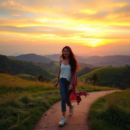 A serene landscape depicting a beautiful background with lush green hills, a vibrant sunset casting warm hues across the sky, and a winding path