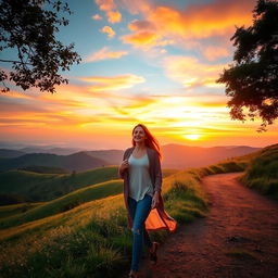 A serene landscape depicting a beautiful background with lush green hills, a vibrant sunset casting warm hues across the sky, and a winding path