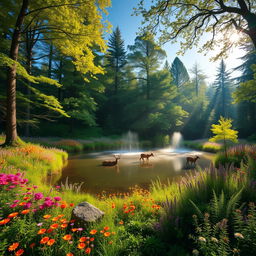 A majestic forest glade bathed in golden sunlight, filled with vibrant wildflowers in every color, lush green ferns, and a clear blue sky above