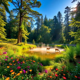 A majestic forest glade bathed in golden sunlight, filled with vibrant wildflowers in every color, lush green ferns, and a clear blue sky above