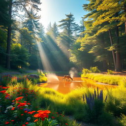 A majestic forest glade bathed in golden sunlight, filled with vibrant wildflowers in every color, lush green ferns, and a clear blue sky above