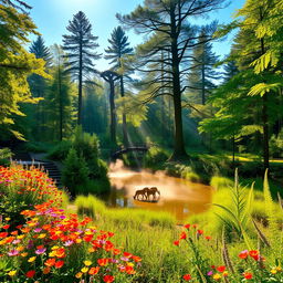 A majestic forest glade bathed in golden sunlight, filled with vibrant wildflowers in every color, lush green ferns, and a clear blue sky above