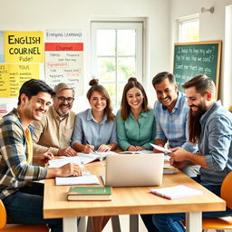 A vibrant and engaging image for an English language learning channel, featuring a diverse group of adults gathered around a table, enthusiastically studying English language materials