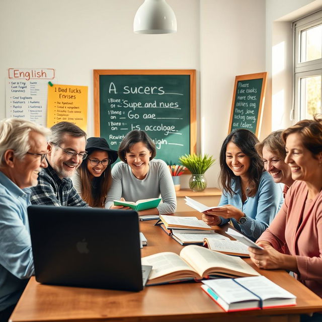 A vibrant and engaging image for an English language learning channel, featuring a diverse group of adults gathered around a table, enthusiastically studying English language materials