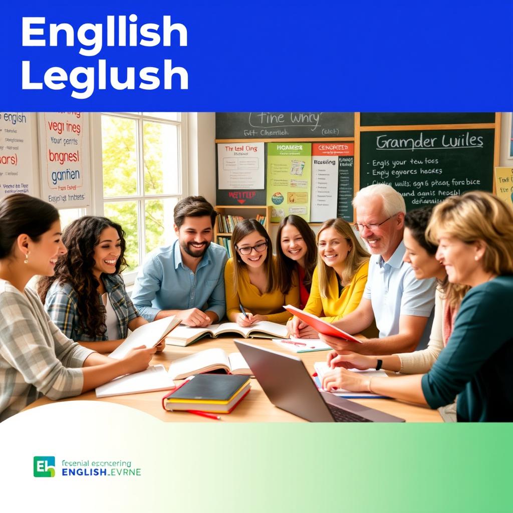 A vibrant and engaging image for an English language learning channel, featuring a diverse group of adults gathered around a table, enthusiastically studying English language materials