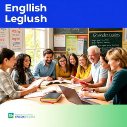 A vibrant and engaging image for an English language learning channel, featuring a diverse group of adults gathered around a table, enthusiastically studying English language materials