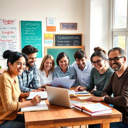 A vibrant and engaging image for an English language learning channel, featuring a diverse group of adults gathered around a table, enthusiastically studying English language materials