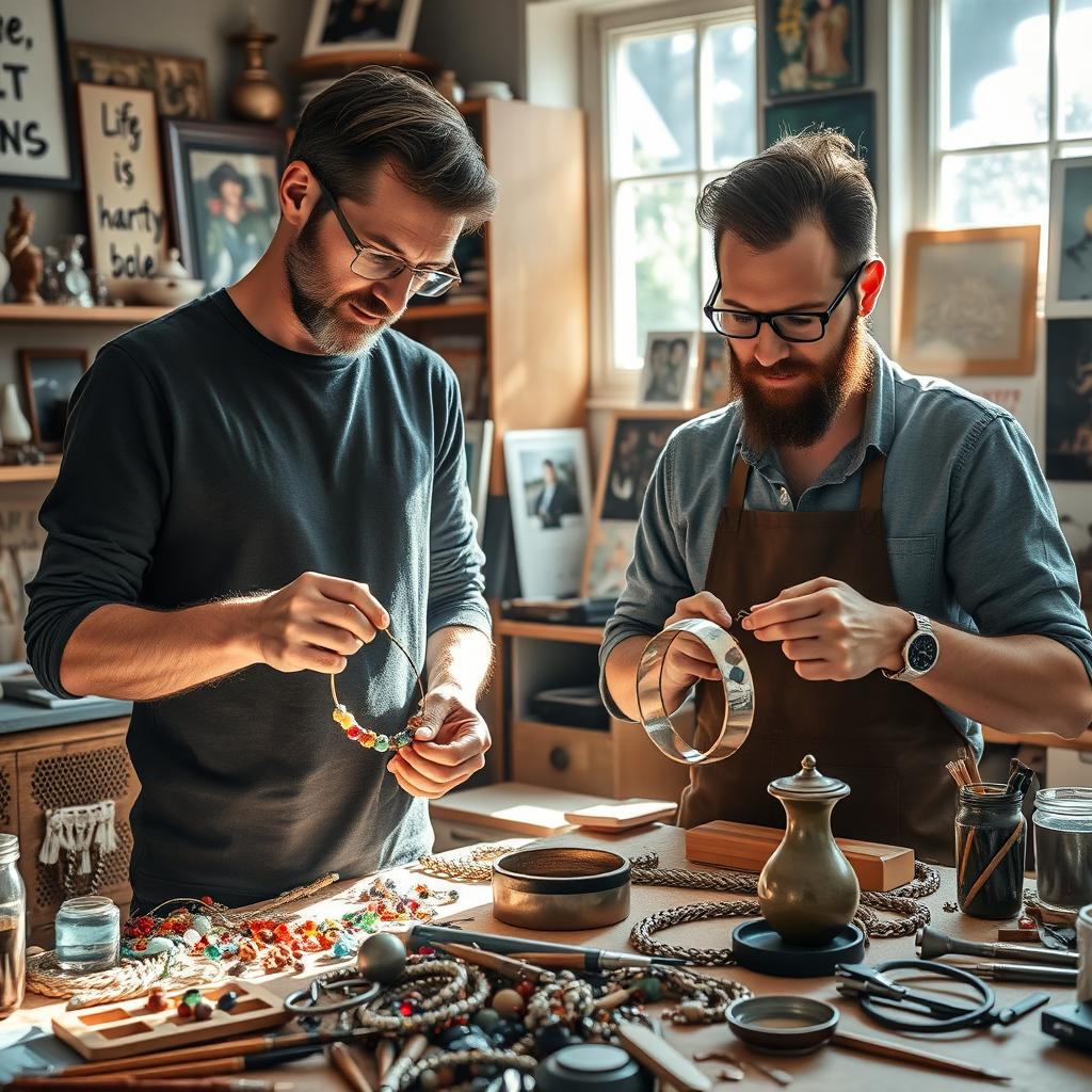 A cozy and artistic scene showing two friends, Pat and Mat, engaged in making exquisite jewelry in a well-lit workshop
